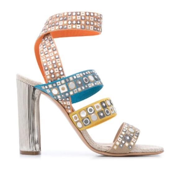 Casadei NWT Babilonia Made in Italy Silver & Multi-Color Chunky Heel Sandals 7 - Picture 2 of 16